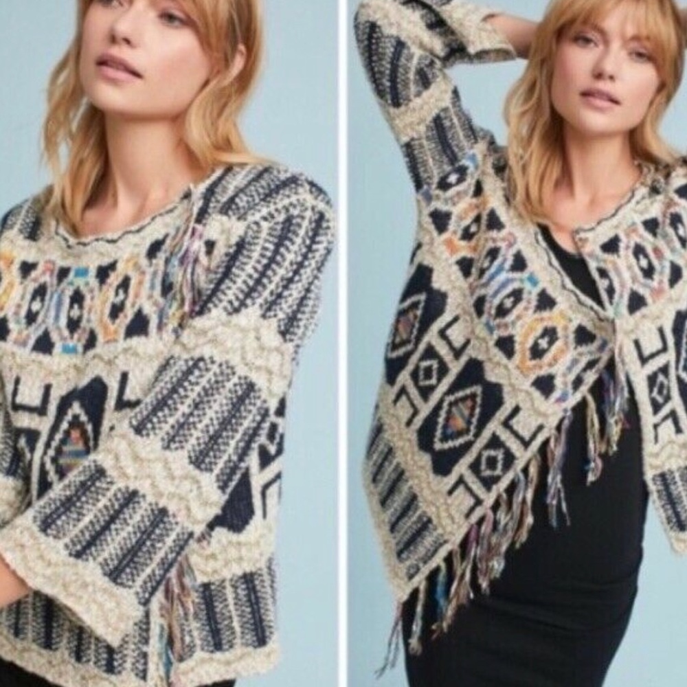 Anthro Moth fringe Aztec Sweater Med